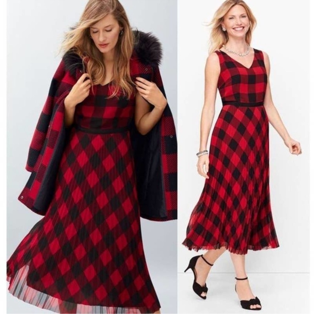 Talbots Dress Buffalo Plaid Pleated Academic Holiday Sleeveless Lining Petite